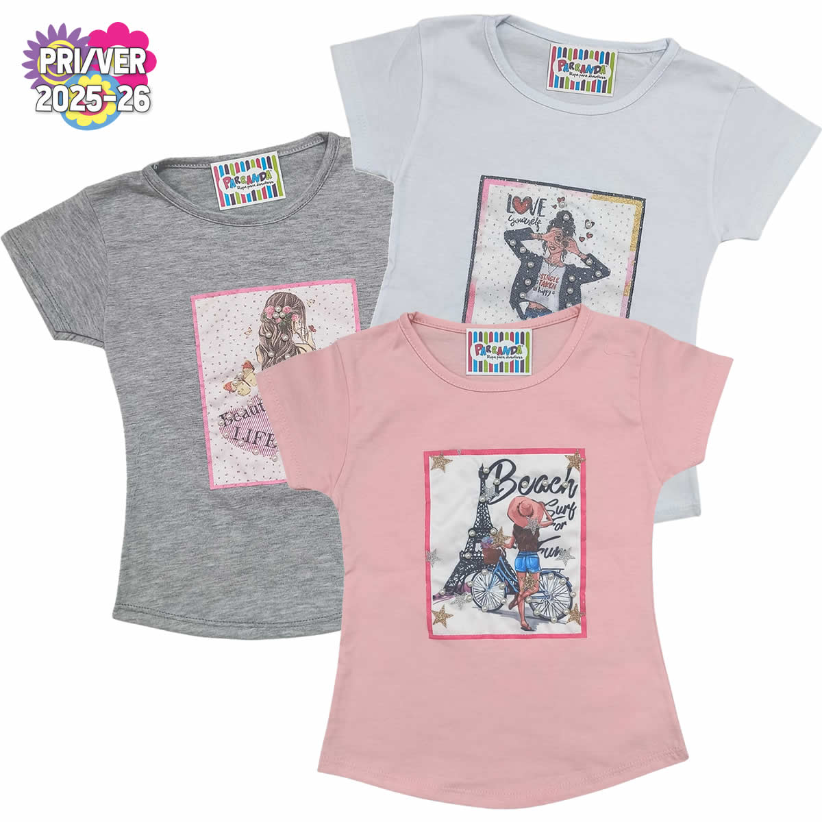 Art 2251 / Remeras de Algodón Peinado Con Aplique perlas talle 4 al 16