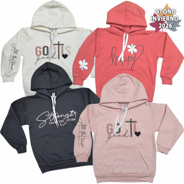 Art 2621 / Buzo Capucha Algodon Frizado con Estampa brillo - Talle 4 al 16